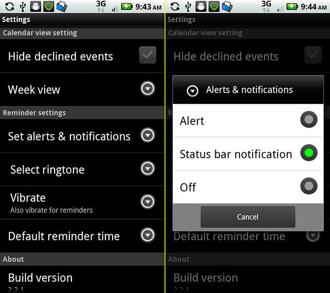 Appointment notification settings in default calendar on the Droid X