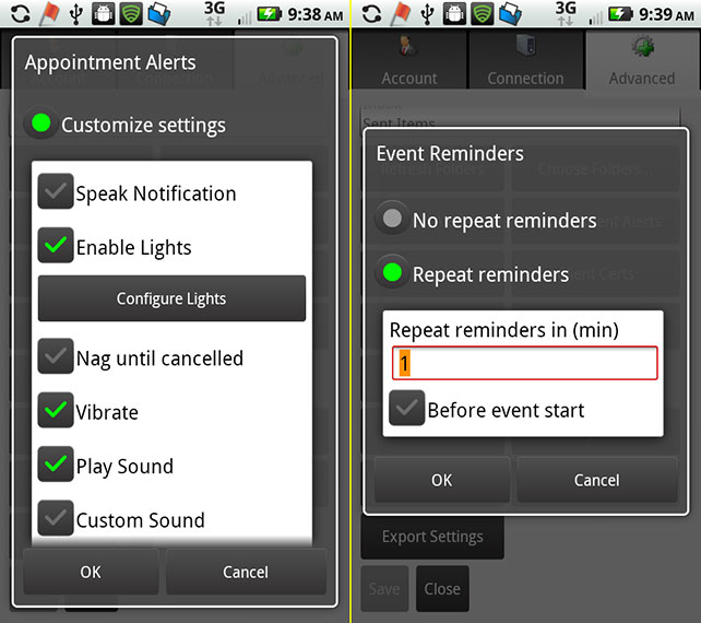 Appointment notification settings in TouchDown